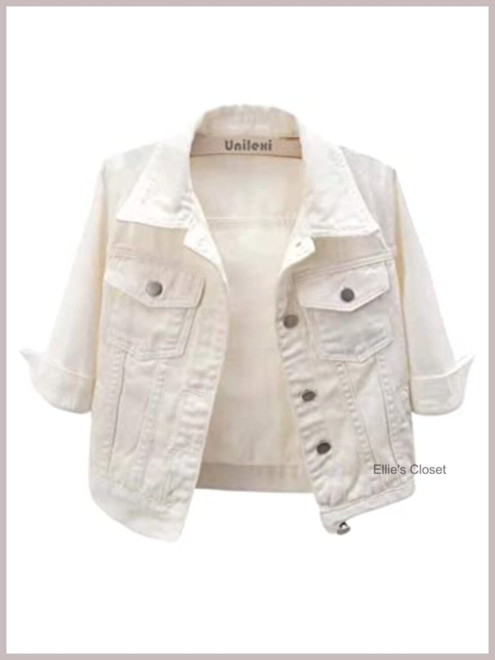 Cropped Denim Jacket 3/4 Sleeve Lightweight Cotton Polyester Button Front